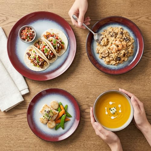 Image of Ceramic dinnerware set, 16 pieces, serving size 4, modern style, includes salad plate and cereal bowl, microwave and dishwasher safe. Ink Red