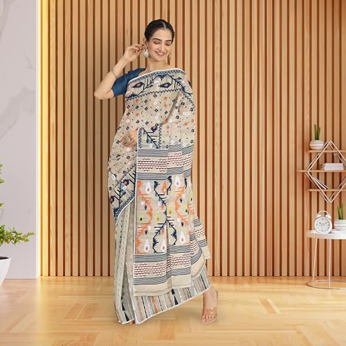 Image of Mayabi Women's Dhakai Jamdani Cotton Silk Saree Traditional Bengali Tant Korat Work, Without Blouse Piece - (Creamy White)