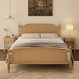 GDFStudio French-Provincial Queen Bed Frame, Solid Pine & Natural Rattan Headboard/Footboard,Sturdy Wood Slats Support 500 lb, No Box-Spring Needed, Vintage Farmhouse Bedroom Furniture,Antique Walnut