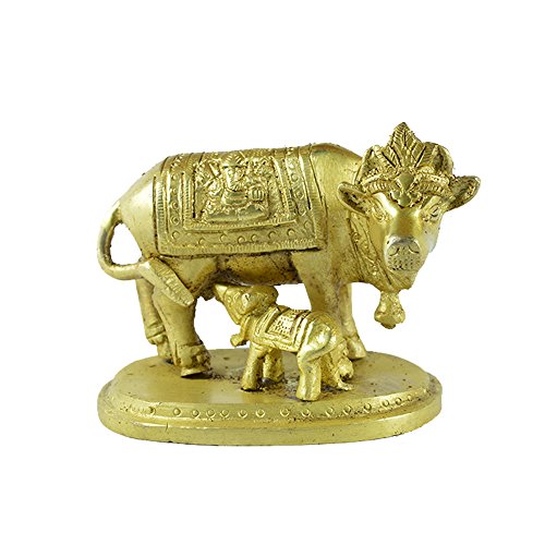 Aakrati Devyom Devyom Brass Cow with Calf Lord Ganesha Carving On Saddle