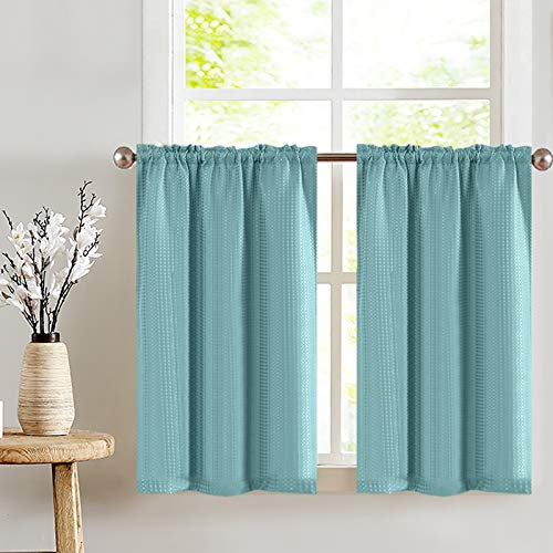 Lazzzy Kitchen Curtains Cafe Curtains 36 Inch Waffle Textured Tier Curtains for Bathroom Half Window Curtain Set for Living Room Light Filtering Drapes Rod Pocket 2 Panels Turquoise Blue