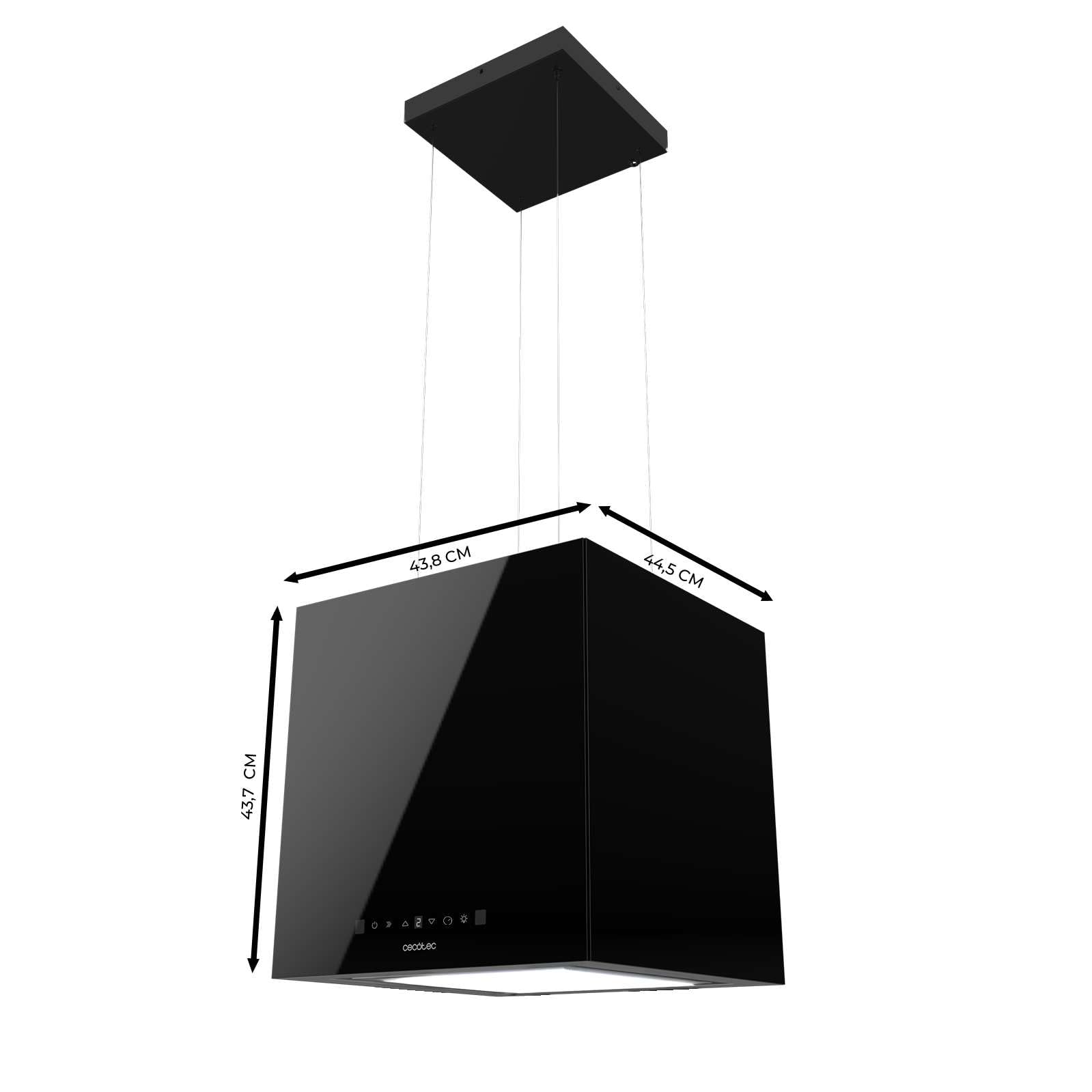 Cecotec Hotte Aspirante 44cm îlot Carré Bolero Flux Cct 448000 Glass Black A++. Finition Verre Noir, Aspiration 800M3/H, Moteur 210W, 3 Puissances, Filtre Charbon
