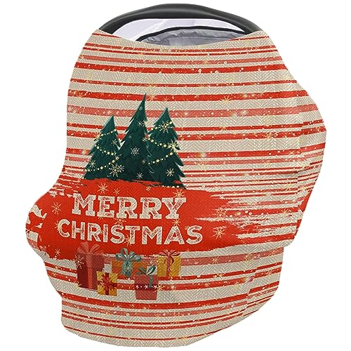 Nursing Cover for Breastfeeding Scarf, Merry Christmas Xmas Tree Gift Box Red Line Striped Baby Car Covers Super Soft Multi Use for Canopy Shopping Cart Cover Blanket Stroller Cover