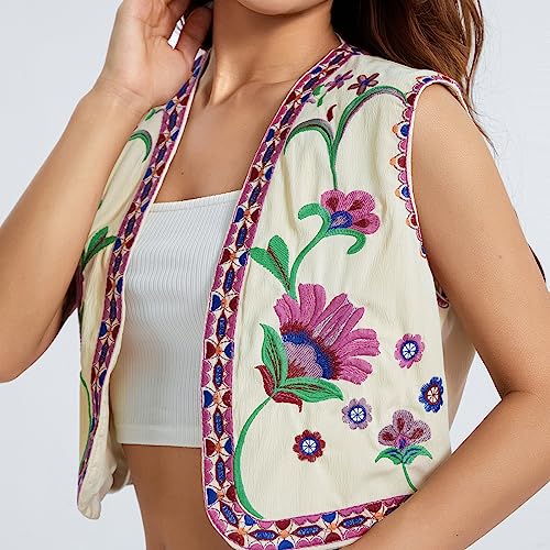 Image of Women Vintage Floral Embroidered Vest Y2K Sleeveless Open Front Cardigan Boho Linen Cropped Waistcoat