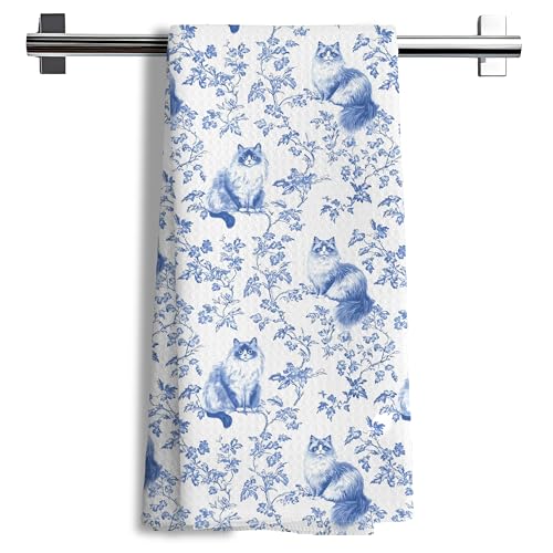 Nipil Chinoiserie Floral Ragdoll Kitchen Towels Blue and White Cat Decor Kitchen Dish Tea Towels Bathroom Gifts for cat Lovers Women Men 16x24 Inch