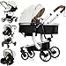 Reenborn Pelle PU Passeggino Trio, Passeggino 3 in 1 con Due Modi Reversibili Spingere, Trio con Telaio Alluminio Paesaggistico Alto, Trio Passeggino Neonati Design Pieghevole in Un Clic (518 White) immagine