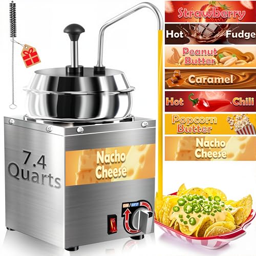 Nacho Cheese Dispenser, 7.4Qt Nacho Cheese Warmer with Stainless Steel Pump, Hot Fudge Warmer W/6-Level Temperature Adjustment, Commercial Sauce Dispenser Machine for Butter Cheese Caramel