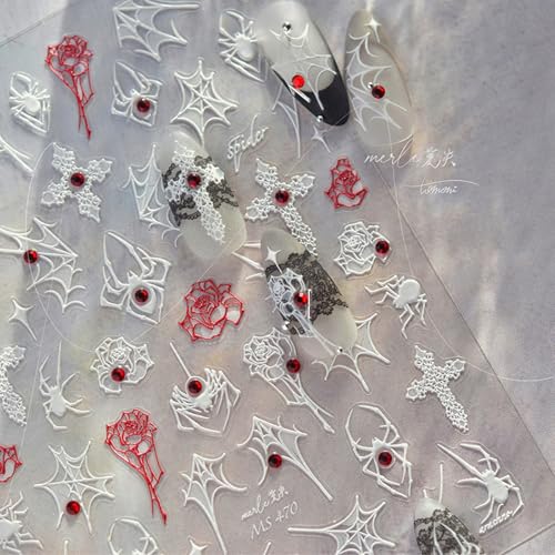 Llaoimb L959 Spider Nail Art Stickers Decals Halloween Nail Stickers 5D Red Crystal Spider Nail Supplies Self-Adhesive Spooky Spider Cross Rose Design Nail Accessories Halloween Nails Art Decorations thumb #2