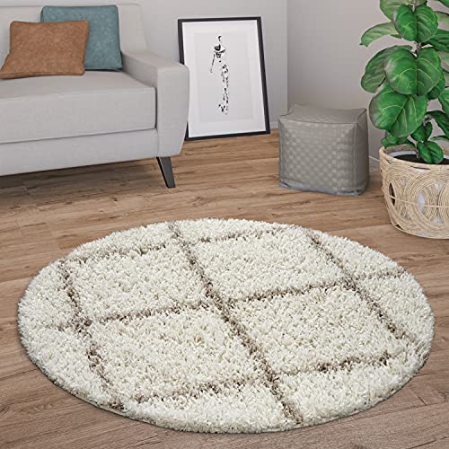 Paco Home Hochflor Teppich Rund Wohnzimmer Schlafzimmer Modern Shaggy Skandinavisch Kleine Rauten, Grösse:120 cm Rund, Farbe:Beige-Creme