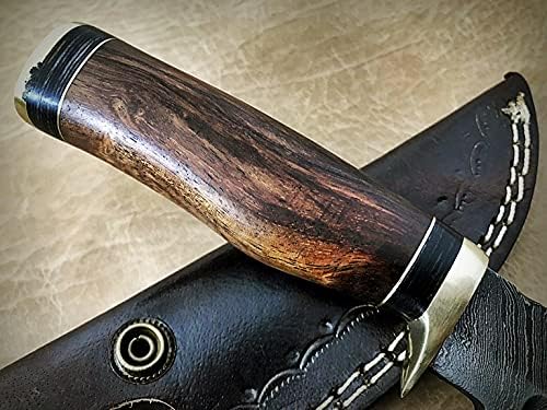 Miniatura 6 de Cuchillo de hoja fija de acero de Damasco con funda de cuero, escala de madera redonda con protector de dedo de latón y tapa, cuchillo de piel de 8