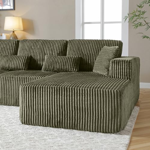 Image of L Shaped Modular Boneless Sectional Couches for Living Room, Wide Armrest, Deep Seat, Memory Foam, Assembly Free, Modern Comfy Corduroy Fluffy Cloud Sofa with Right Chaise, Green