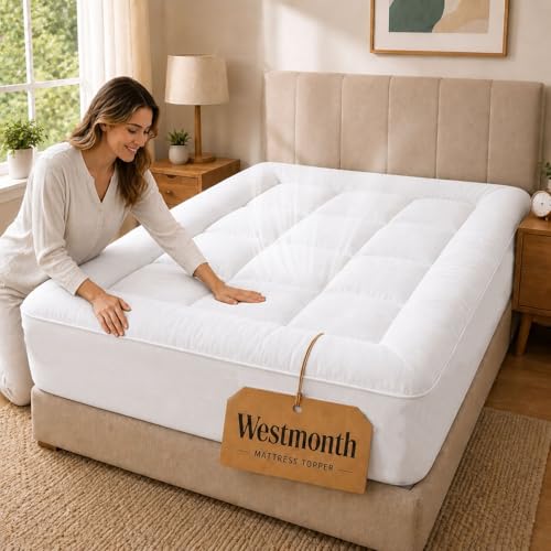 WestMonth Mattress Topper Premium Quilted WestMonth Mattress Topper 1000GSM Luxury Extra Thick WestMonth Mattress Pad Breathable Fluffy Soft Fits 8-21 Inch (White King)
