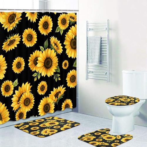 ArtSocket Bathroom Sets with Shower Curtain and Rugs, Set of 4, Sunflower