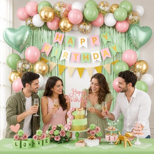 Image of Sage Green Pink Birthday Decorations,Olive Green Pink Birthday Balloons Set