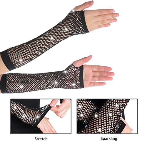 image for OTPEH Women Fishnet Rhinestone Gloves Fingerless Kids Fish Net Arm Sle