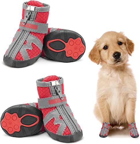 Image of KUTKUT Boots for Hot Pavement Hardwood Floor, Breathable Shoes for Small Medium Dogs, Reflective & Adjustable Strap Zipper, Anti-Slip Paw Protection Booties (Size: 5)