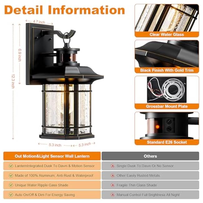 Motion Sensor Outdoor Lights, Dusk to Dawn Outdoor Lighting, Exterior Light Fixtures with 3 Working Modes, Wall Mounted IP65 Waterproof Lights for House Porch Patio, Black (Gold Trim)