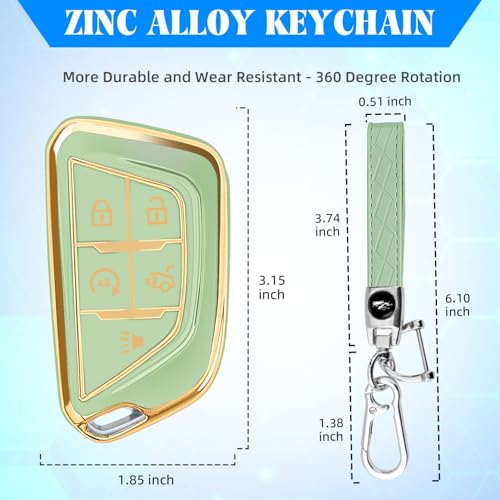 Image of QBUC for Cadillac Key Fob Cover with Leather Keychain (Gold Trim Green) | Soft TPU Protection Case Compatible with 2020-2026 Cadillac Escalade Lyriq Optiq 5-Buttons