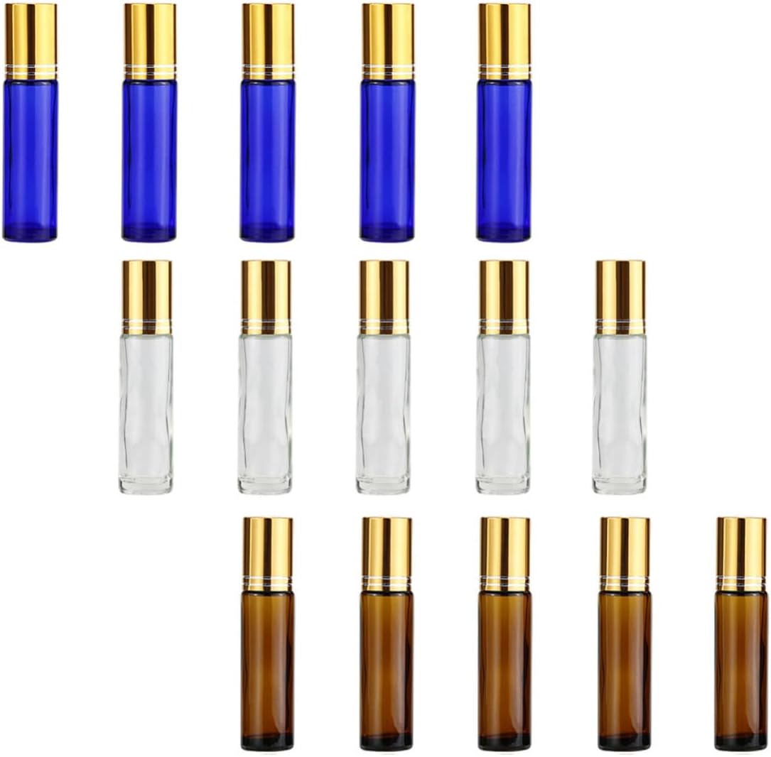 Essential Oil Roller Bottles Lightweight Refillable 10ml 15pcs Roll on Bottles with Glass Body and Aluminum Cap Leak-proof Design for Daily Use and Sample Displays