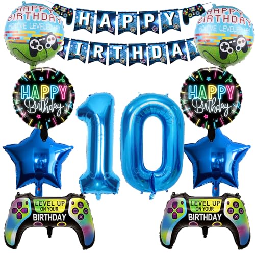 Set di 10 palloncini decorativi a tema videogiochi per una festa di compleanno di 10 anni,Con palloncini in lamina a forma di controller di gioco di grandi dimensioni,Stelle, Striscioni e altro ancora