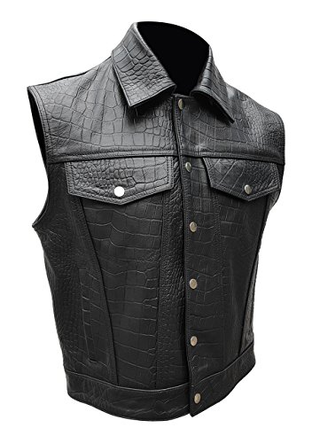 Mens Black Alligator/Crocodile Leather Motorcycle Biker Style Vest Waistcoat