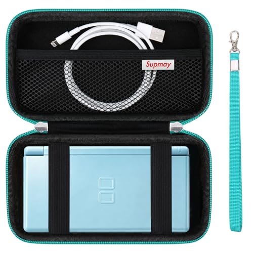 Image of Supmay Hard Carrying Case Compatible with Nintendo DS Lite NDSL, Gameboy Advance Games Storage Holder Travel Bag with Mesh Pocket for USB Charging Cable, Stylus, Earphones, Game Cartridge, Green