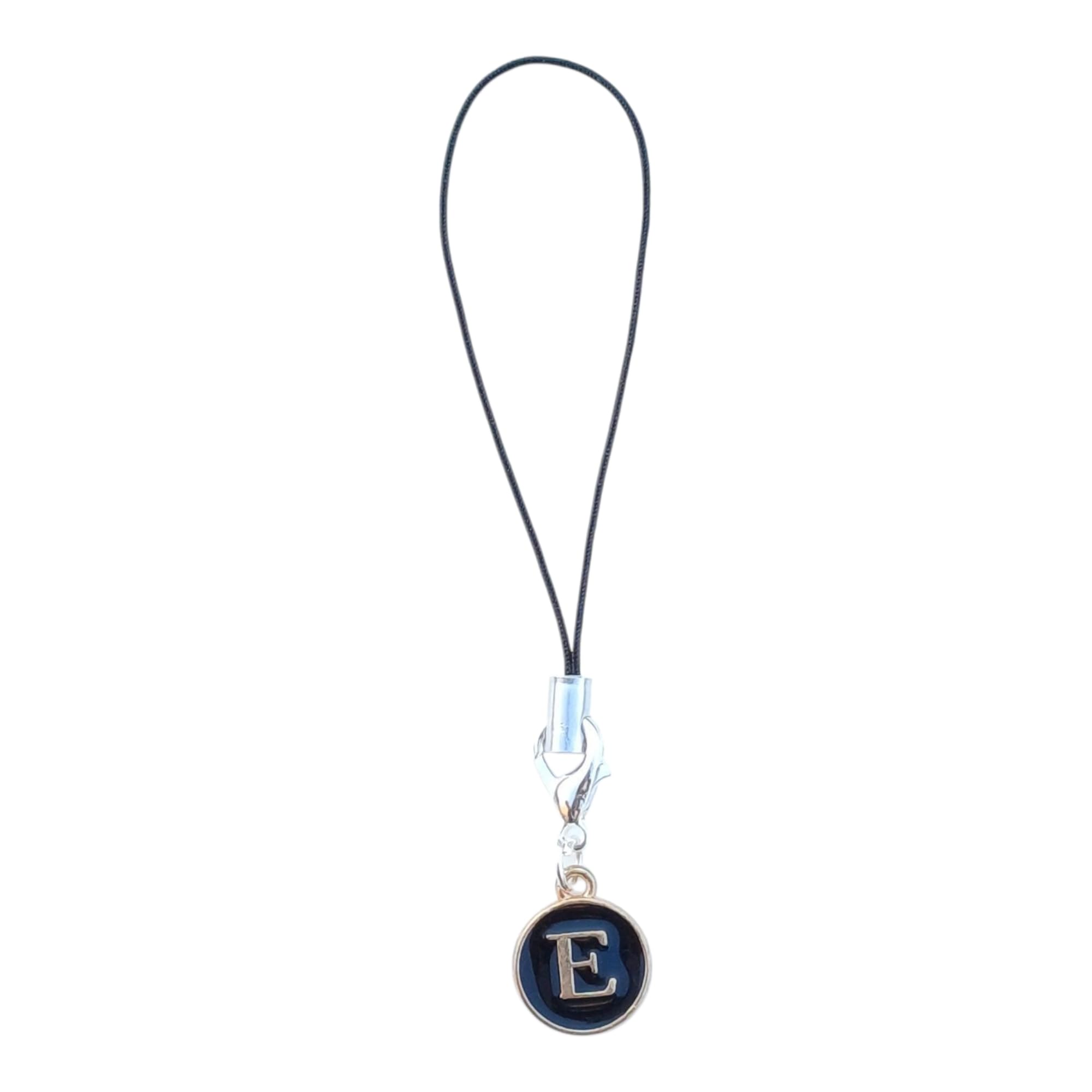 Initial Letter 'E' Phone Charm Black and Gold Pendant with Cord S | Adds a stylish decorative touch to phones, tablets, cameras, keychains, bags-image-6