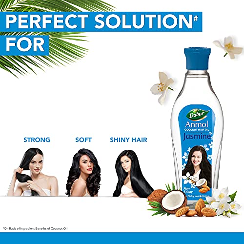 Image of Dabur Anmol Jasmine Coconut Hair Oil, 450ml, for Strong, Soft & Shiny Hair, with Almond Protein & Vitamin E, Nourishes the Scalp & Strengthens Hair, Frizz-Free (Pack of 3)