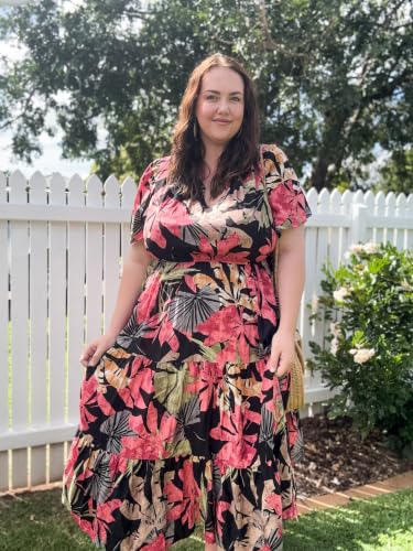 Image of TIYOMI Women Plus Size Dress Boho V Neck Short Sleeve Beach Maxi Dresses Floral /Stripe /Leaves /Lemon XL-5XL