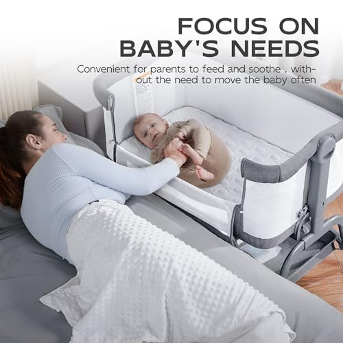 Image of BabyBond Baby Bassinet, 3 in 1 Bassinet Bedside Sleeper with Washable Soft Mattress and Sheet, 6 Height Adjustable Bedside Crib, 4-Sided Mesh Bedside Bassinet for Baby