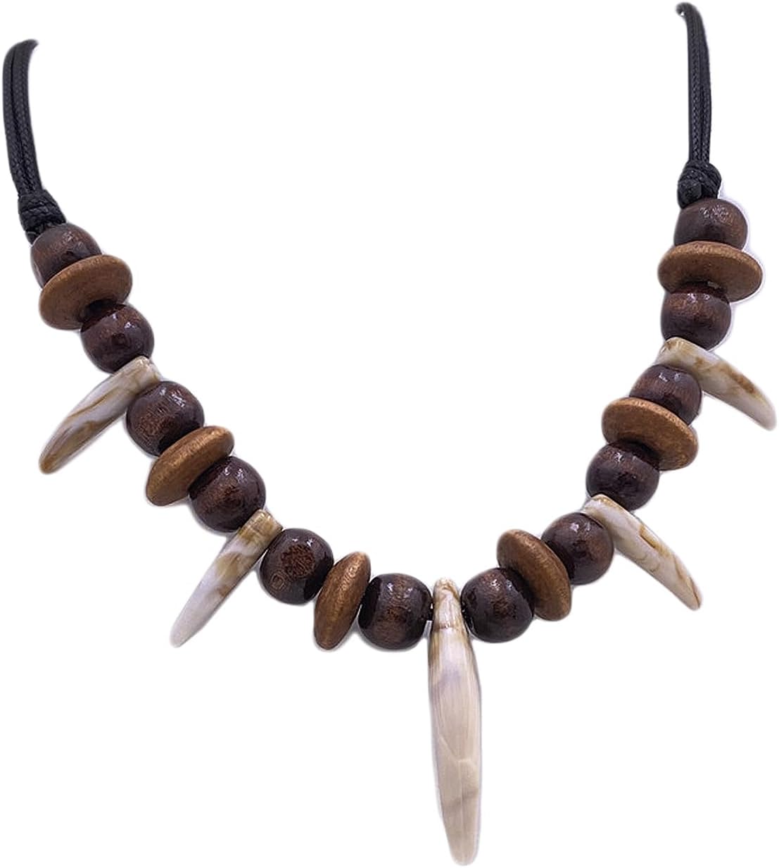 MOKAVIKY 25 Adjustable Tribal Wolf Tooth Necklace for Women Men Resin Wolf Tooth with Woody Beaded Necklace