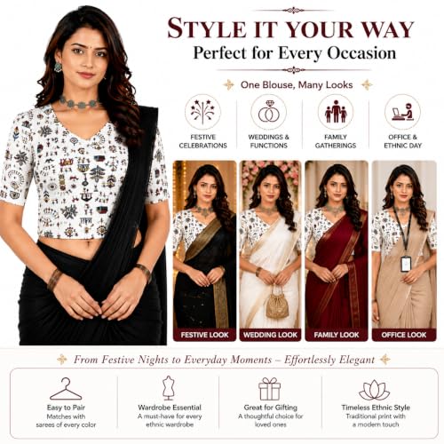 Image of Mogsa Women's Kalamkari Print Cotton Stretchable V-Neck Readymade Saree Blouse | Soft Cotton Blend | Stretch Fabric | Ready-to-Wear