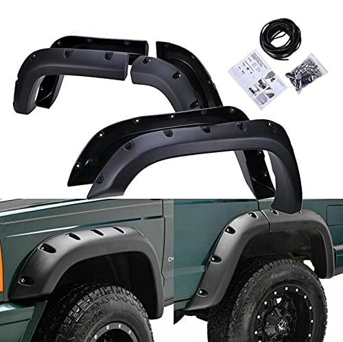 CROSSDESIGN Fender Flares Compatible With 1984-2001 Jeep Cherokee XJ 4 Door Sport Utility(Not fit with Side Skirts(Ground Kits)and Body Modifications Models)Textured Wide Guards Pocket Riveted Style