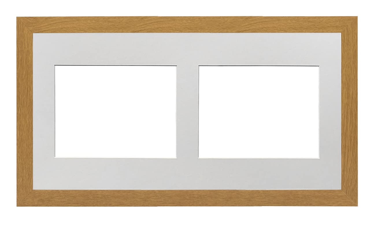 MDF 30mm Oak Frame 20x10' Multi Aperture Picture Frame with White Mount to fit (2x) 8x6' Photos with Perspex Sheet - Wall Mountable Landscape or Portrait