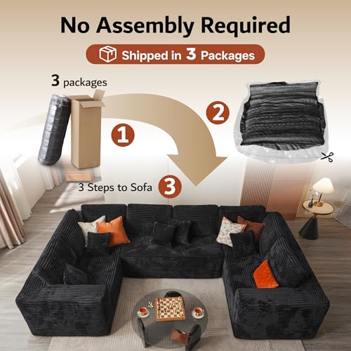 ovios Sectional Cloud Couch for Living Room, Modular Floor Sofa with Plush Corduroy, No Assembly Required, Big Comfy Couches Set with Fluffy Memory Foam, Stupendous U Shaped Sofas with Chaise, Black