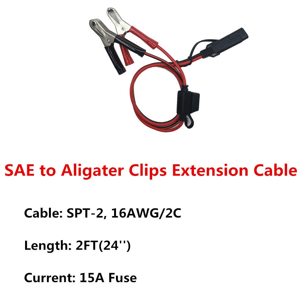 SAE to Aligater Clips - 2FT Battery Charger Clamp Trickle Charger Extension Cable 12V-24V Quick Disconnect Extension Cord 2 Feet 15A Alligator Clip for Pump Motorcycle Car Battery Solar Panels