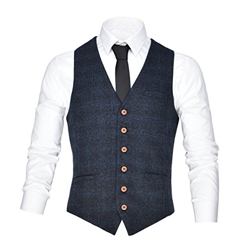 VOBOOM Men's V-Neck Suit Vest Casual Slim Fit Dress 6 Button Waistcoat (Blue, Small)