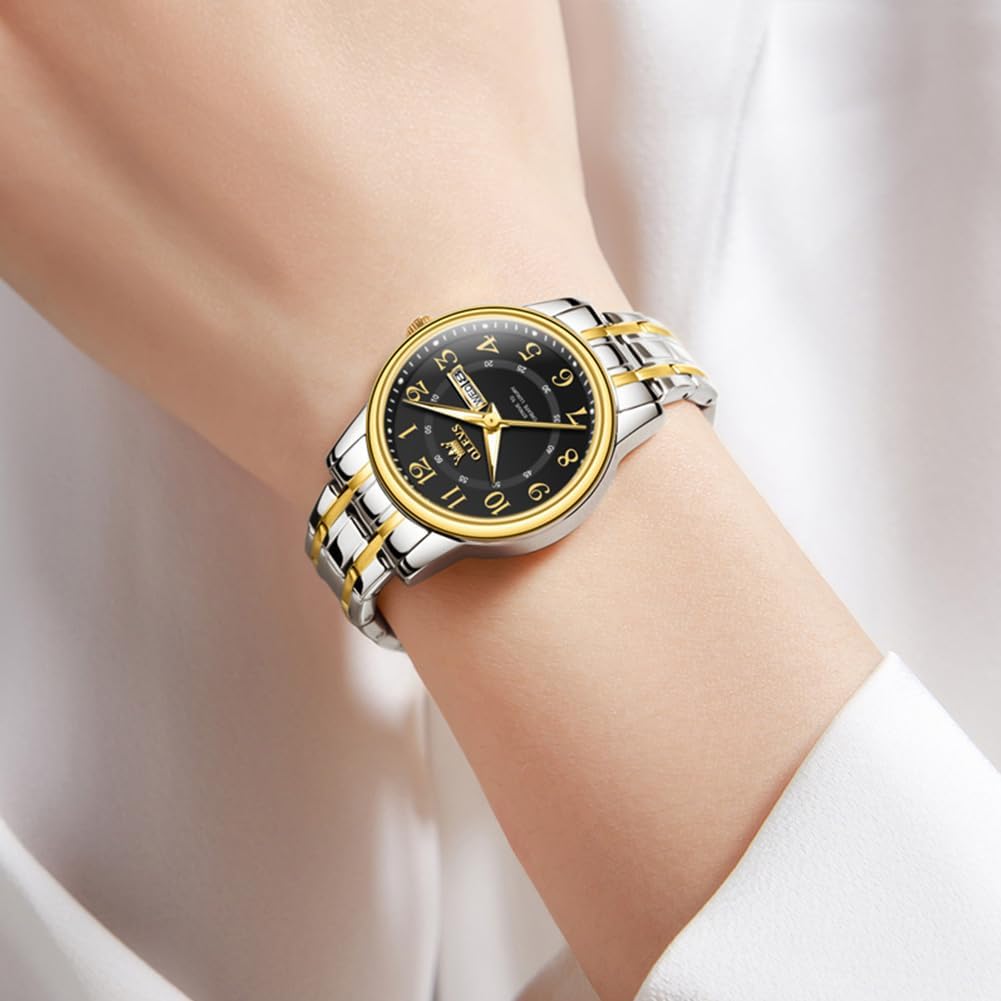 OLEVS Watches for Women, Womens Silver Dress Waterproof Two Tone Analog Stainless Steel Luxury Fashion Arabic Numerals Dainty Watch, Ladies Watches for Small Wrists with Date Gold Black Number Dial - Image 3