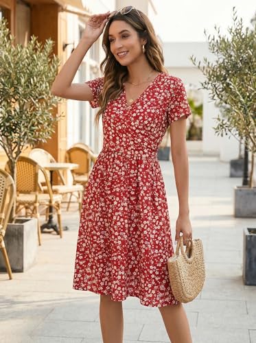 Image of OUGES Maternity Nursing Dress Breastfeeding Short Sleeve V Neck Casual Pregnancy Clothes with Pockets