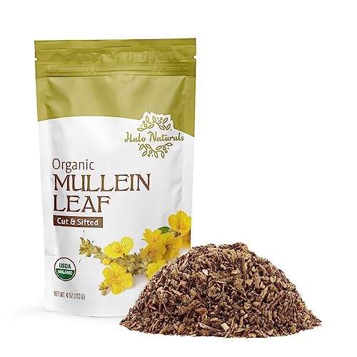 Halo Naturals Organic Mullein Leaf Cut & Sifted, 4 Ounces (Verbascum thapsus) USDA Certified | Resealable Pouch| Packaged in The USA (Pack of 1)