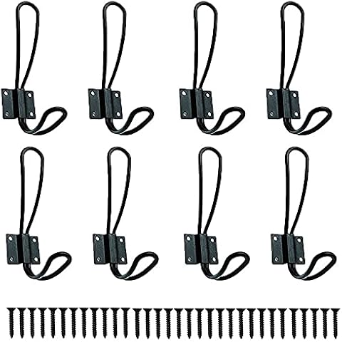 Wall Mounted Rustic Hook, 8 Pieces Farmhouse Entryway Hooks, Coat Hook, Black Hooks, with Screws, for Hang Robes, Coats, Hats, Backpacks, Keys, Bags(Double Hook) Cover