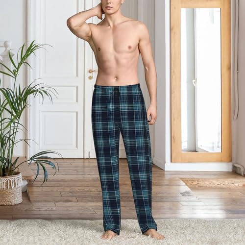Mens Pajama Pants - Vintage Navy Check Print Soft Sleep Lounge Pants For Men, Casual Pj Bottoms With Pockets2