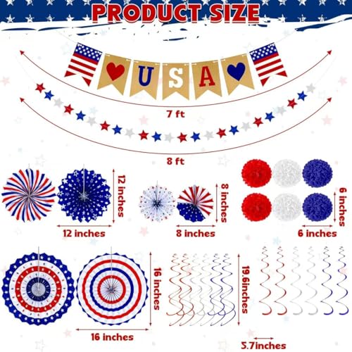 Image of 26Pcs Patriotic Decorations - Red, White & Blue USA Flag Party Pack for Fourth of July, Includes Paper Fans, Pom Poms, Hanging Swirls, Banner & Star Streamer