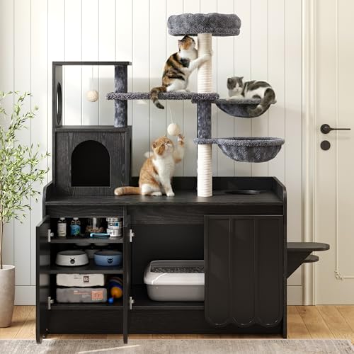 Árbol para gatos moderno con caja de arena oculta y almacenamiento lateral miniatura 7