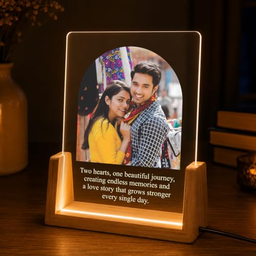 Image of Giftplease Personalized LED Acrylic Photo Frame with Custom Photo & Text | Engraved Acrylic Picture Lamp | Wooden Base | USB Warm LED Night Light | Anniversary, Wedding, Birthday, Couple, Home Decor