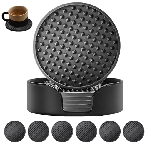 Silicone Coasters 6 Pack with Holder Non-Slip Non-Stick Heat Resistant Cup Mat Washable for Home Office Bar (Black)