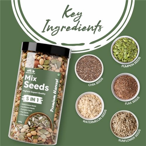 Image of Growfitz 5-in-1 Super Seed Mix | Pack of 2 (500g Each)| 20.5g High Protein & Fiber | Roasted Pumpkin, Sunflower, Flax, Chia, Soy Nuts & Sesame | Healthy Snack | Export Quality Superfood |