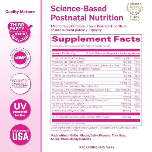 Image of Pink Stork Total Postnatal Vitamins for Women | Vegan Algae DHA, Methylated Folate, Iron, B12 | Postpartum Recovery + Lactation Support | No Fishy Burps | Clean Label Award Winner | 60 Capsules, Mint