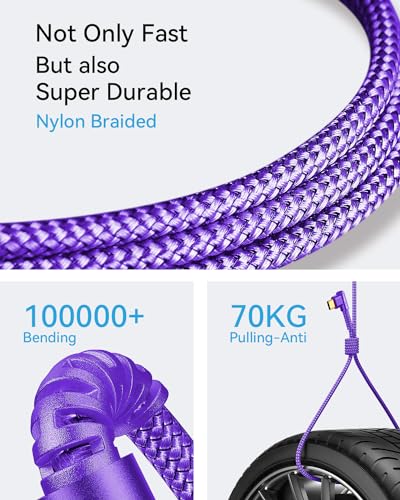 Image of MRGLAS 3.2A USB C Charger Cable, [4-Pack,10+6.6+3.3+1.6FT] USB A to USB C Right Angle Gold-Plated Type C Charger Fast Charge Durable Braided Cord for iPhone 17 16 15 Samsung S10 Note 10 S21 LG-Purple