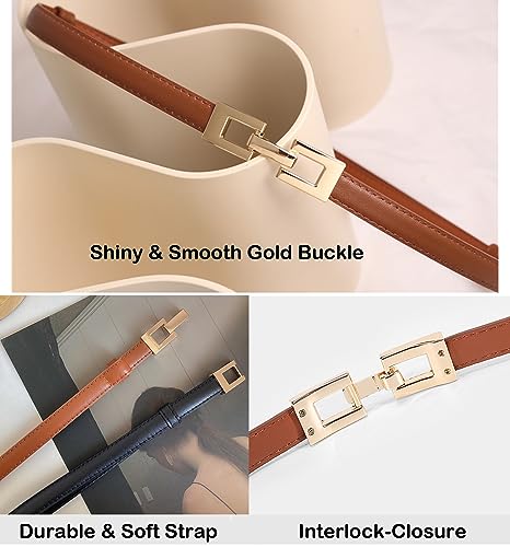 ALAIX 2Pack Skinny Leather Belts for Women Dress Belts Thin Waist Belt with Gold Buckle Adjustable Women's Belt3